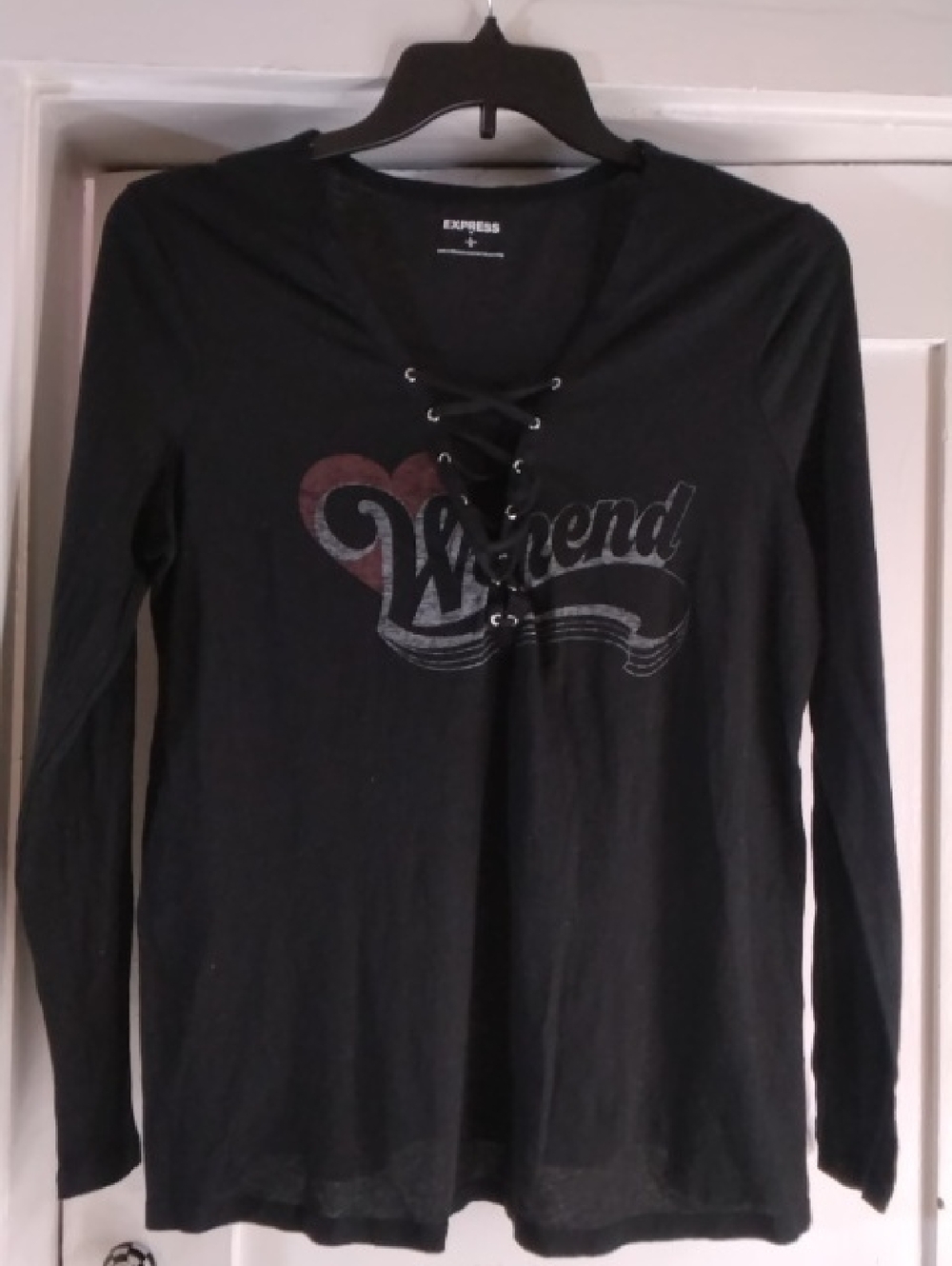 Express Black Lace-Up 'Weekend' Graphic Long Sleeve Tee